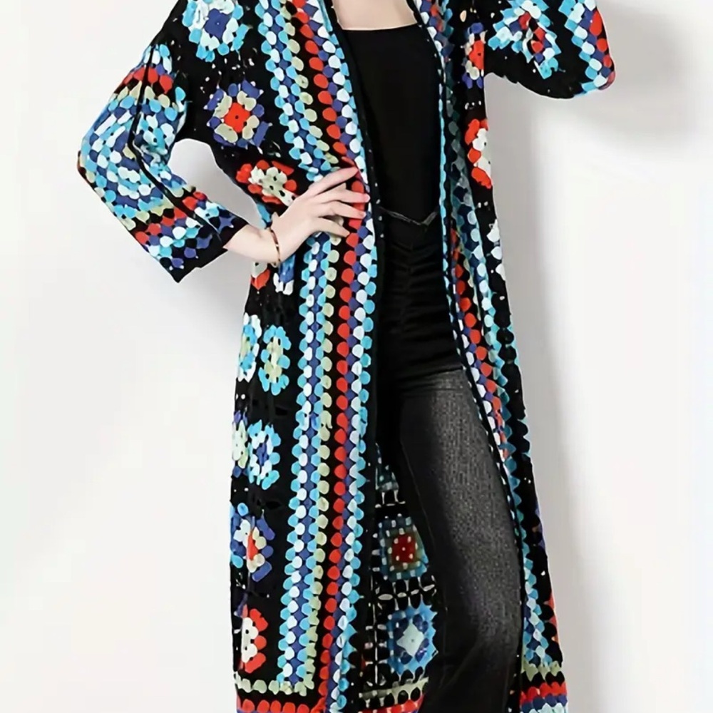 Colorful Crochet Long Length Sweater in Cream or Black - Picture 2 of 10